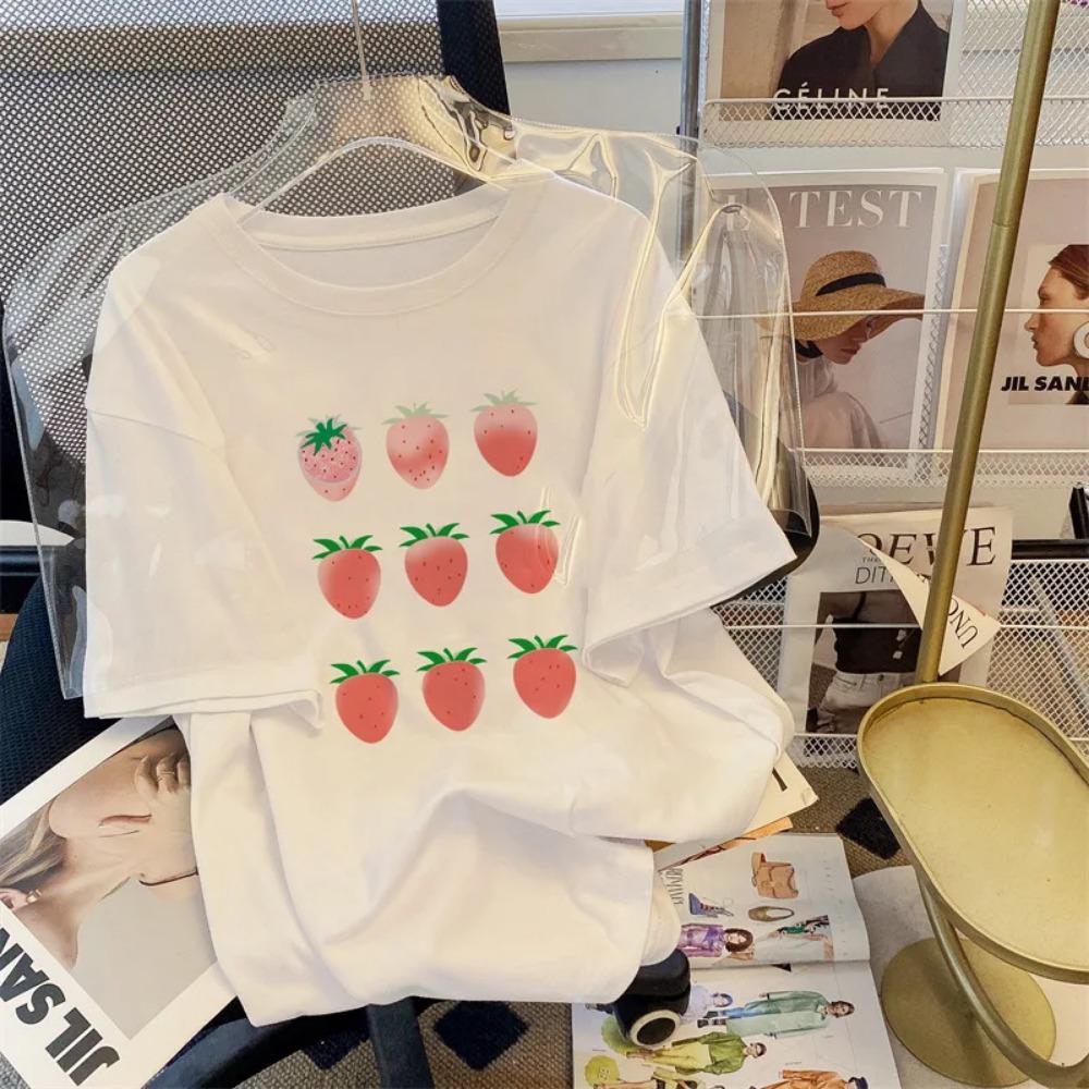 Female Manga Designer T-shirt Cartoon Print Pattern T-shirt Girl and Cute Casual Round Neck Minimalist Tourism Fashion Clothes