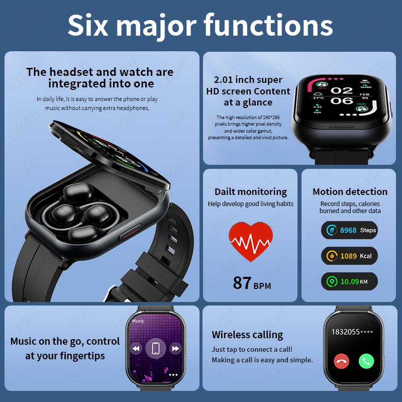 TWS 2-In-1 Clip-on Earbuds Smart Watch Bluetooth Earphones 2.01" Make Answer Call For Men Women Sports Smartwatch  New