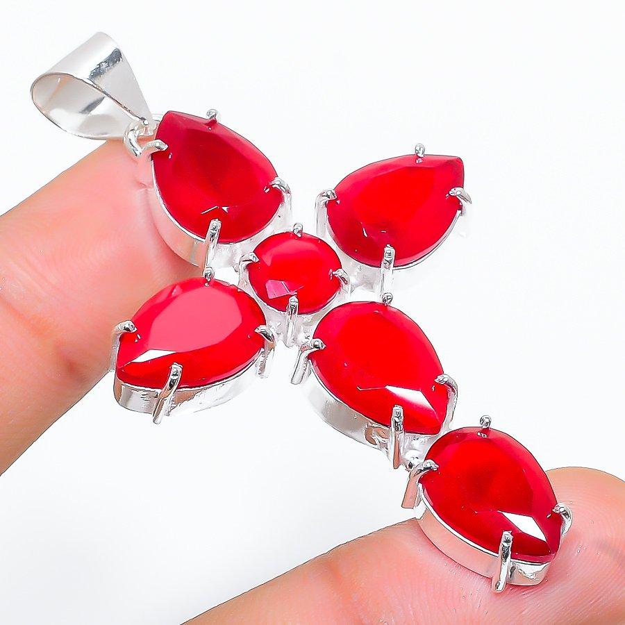 

Cross Ruby(Simulated) Gemstone Handmade Ethnic Jewelry Pendant 2.44 SR-7564