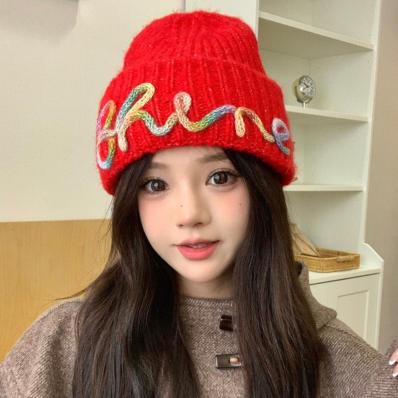 

Smiley Face Embroidery Women s Knitted Hat Women s Autumn and Winter Large Head Circumference Anti Cold Hat Thickened Warm Pullover Woolen Hat 56-62CM