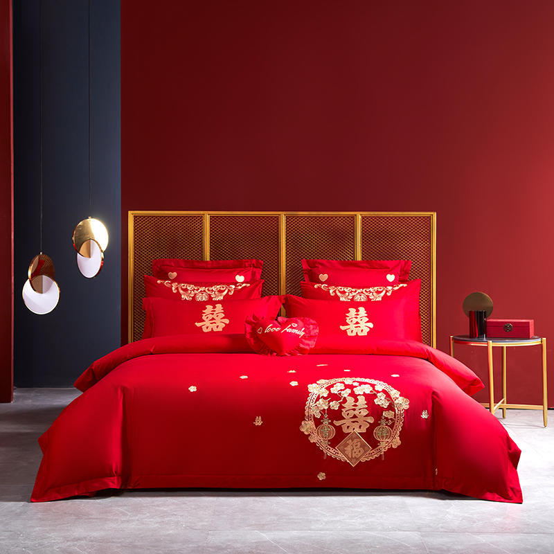 Vierteiliges Set mit Hochzeitsstickerei, rote Hochzeitsbettwäsche, Hochzeitsbettbezug, Bettwäsche, Bettwäsche für das Brautpaar, sechsteiliges Set für das Hochzeitsbett