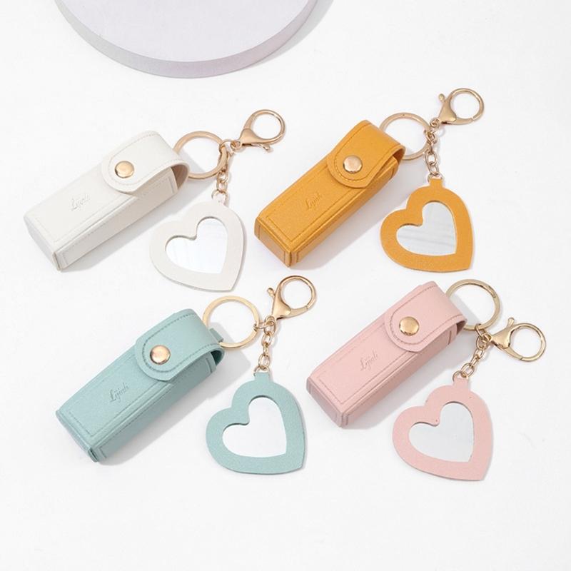PU Leather Lipstick Bag Keychain Heart Pendant Mini Portable Key Chain Keyring