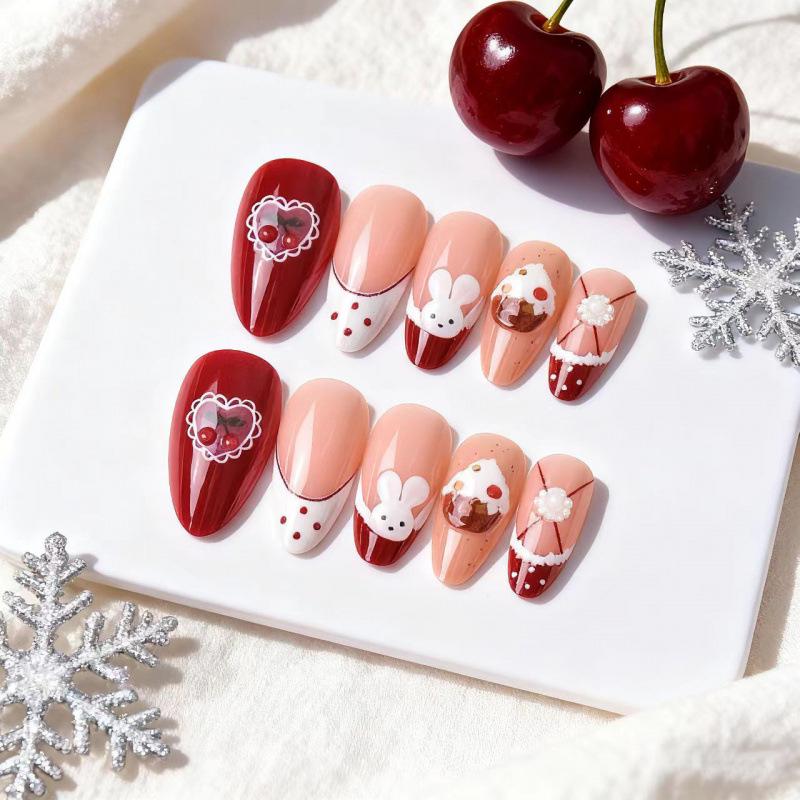 24pcs Christmas Almond Exquisite 3D Manicure Tips: Rabbit, Cherry, Cake Designs