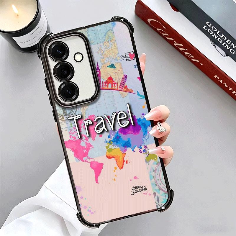 Travel Map Artistic Pattern Plating Phone Case For Samsung A17 A07 A37 A57 A16 A56 A15 A55 A14 A54 A13 A53 A26 A36 A25 A35 A24 A