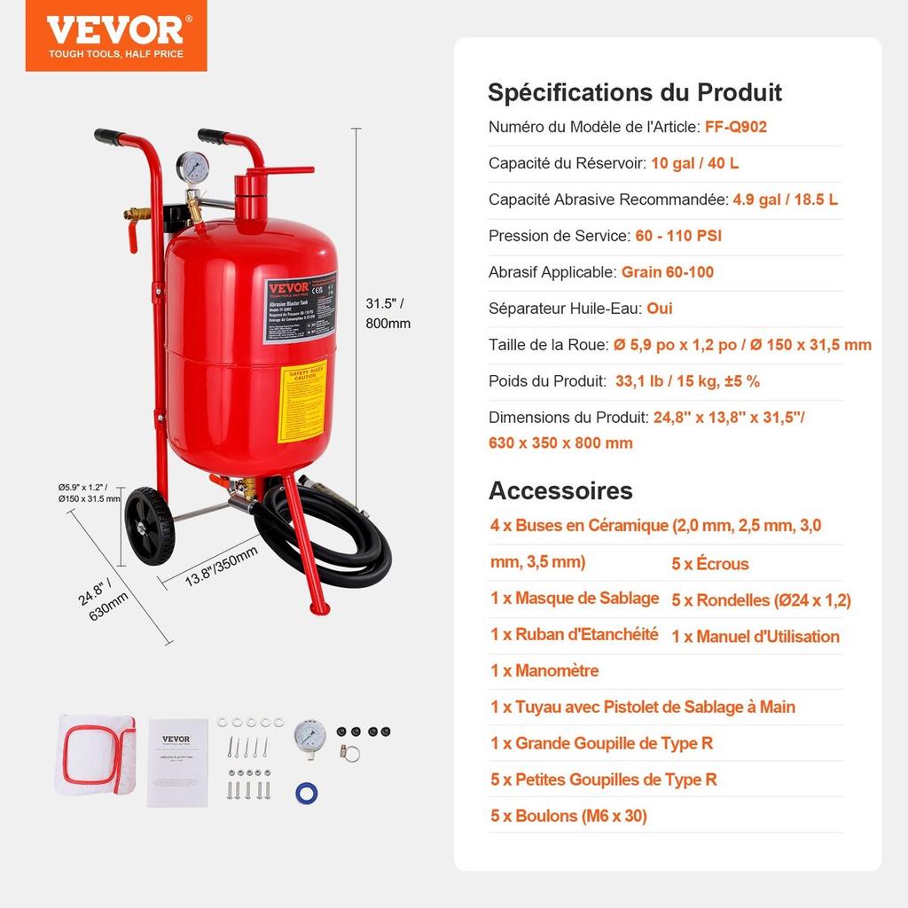 10 Gallon/38L Sandblaster Equipped with Nozzle Shut-Off Valve Pressure Gauge Ceramic Nozzle Rubber Wheels Grit Blasting Blast Sandblasting