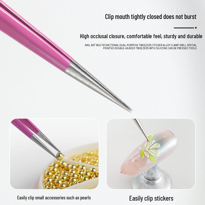 Double-Ended Nail Art Tweezers with Rhinestone Pressing Stick and Silicone Anti-Static Tip