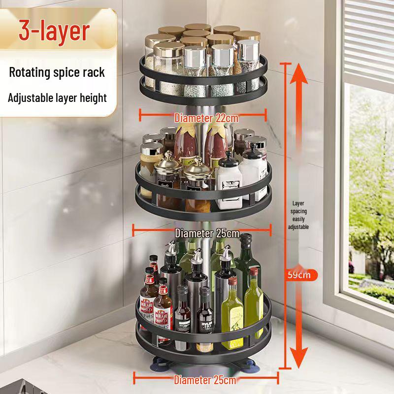 Rotating Kitchen Seasoning Rack: Multifunctional Storage for Oil, Salt, Sauce, and Vinegar in Corner Spaces.