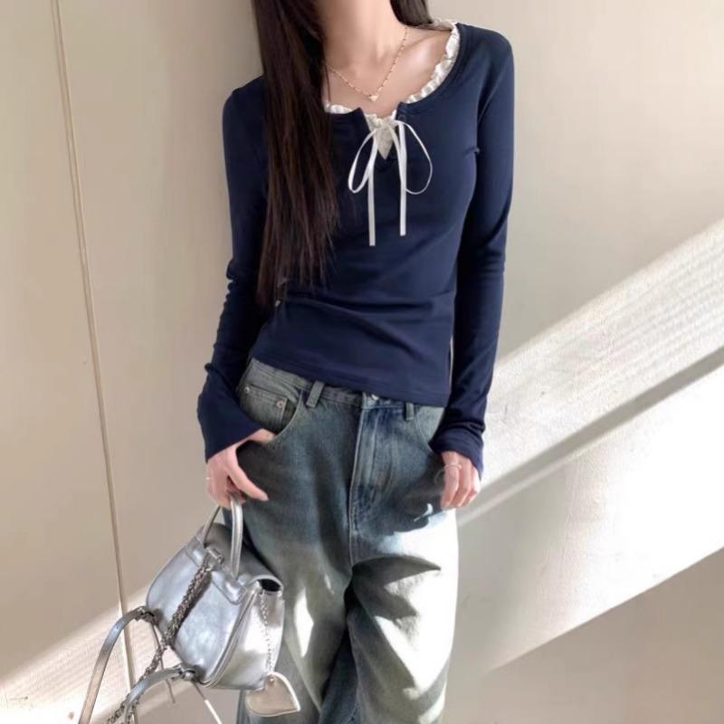 Frühling Herbst Rüschen Schnürung Patchwork T-Shirt Damen Lässig Mode Pullover T-Shirt Langarm Unterteil Top