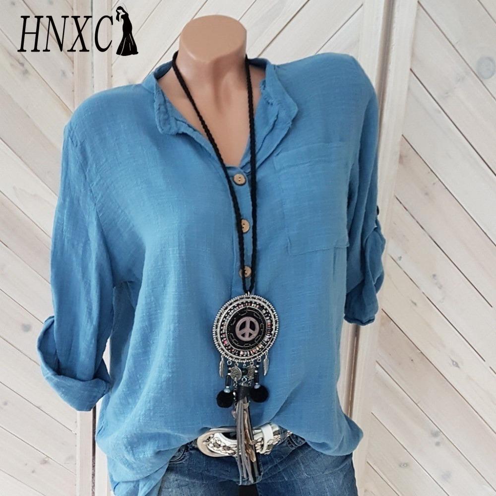 

HNXC Женские модные повседневные блузки и рубашки с принтом однотонного цвета, с длинным рукавом и воротником поло XXXXXL синий