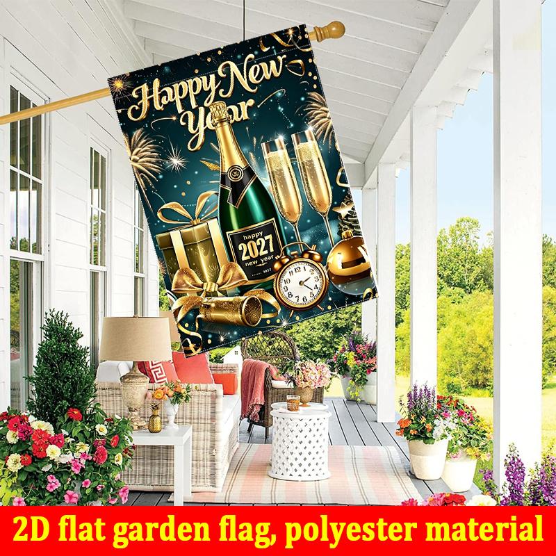 2D Flat, 2D Flat Garden Flag 1pc Happy New Year 2027 Fireworks Clock Gift Print Design-double Sided Garden Flag, Outdoor Decoration, Lawn, Flag Only,