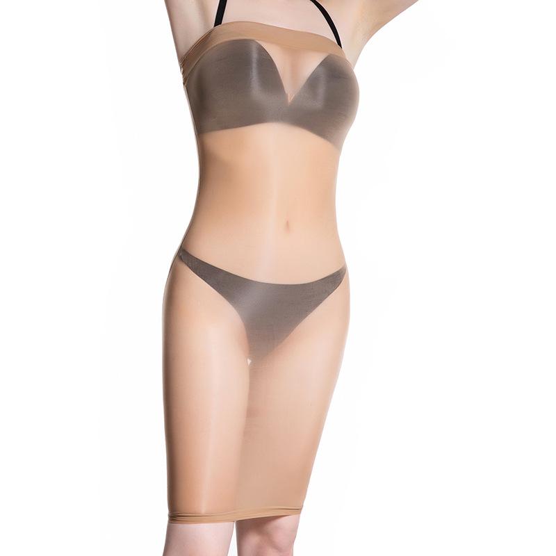 Qinghe 912 8D Sheer Oily Stockings with Tube Top Dress, Tight Mini Skirt Cheongsam, and Ultra-thin Transparent Design