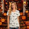Women's V-Neck Short Sleeve Scrub Top with Pockets Halloween Print for Nurses and Caregivers