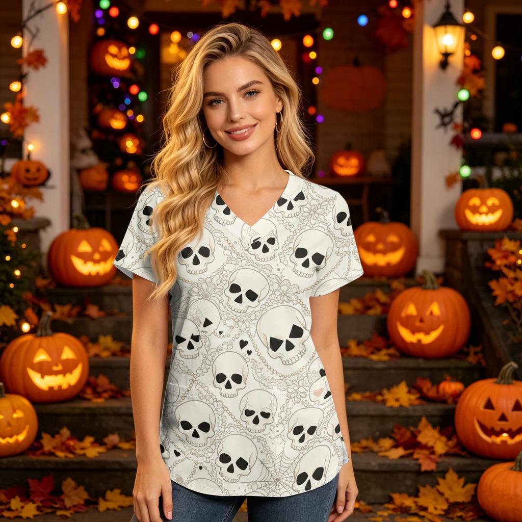 Women's V-Neck Short Sleeve Scrub Top with Pockets Halloween Print for Nurses and Caregivers