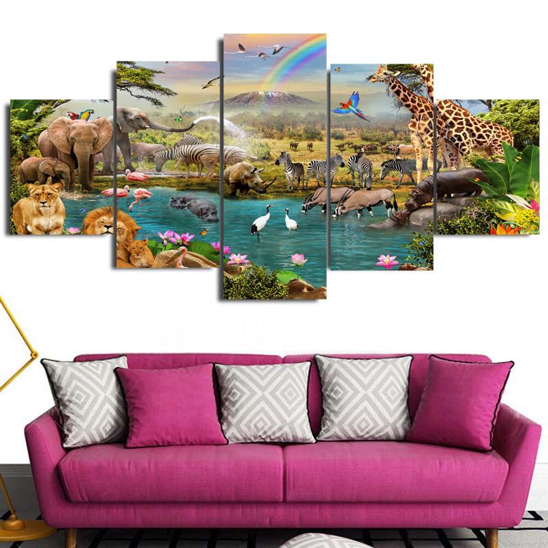 5Panels Tropical Jungle Plant and Animal Landscape Canvas Painting Posters and Prints Wall Art Home Decor for Kids Room No Frame