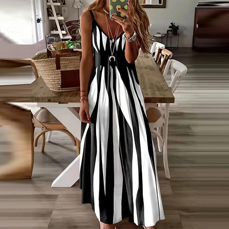 Women s  Fashion Pattern Dress Summer Fashion Comfortable Casual Printed V-Neck Sleeveless Long Dress S чёрный
