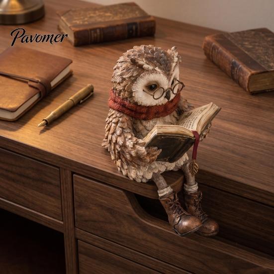 Figurka Sowa na Półkę, Figurka Vintage do Czytania, Siedząca na Półce z Książką, Statua Żywiczna z Okrągłymi Okularami na Półkę, Kominek, Dom, Biuro,
