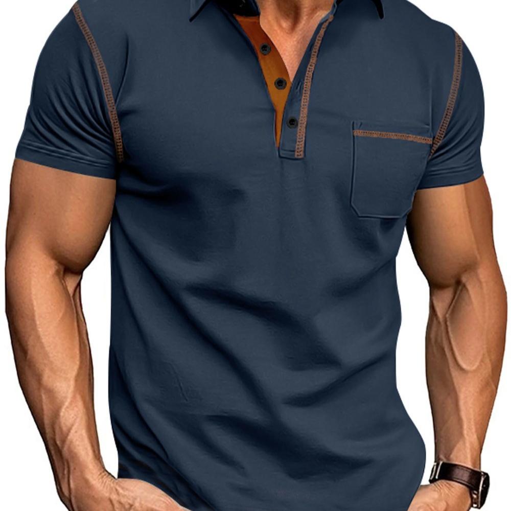 Men's Short-sleeve Henley Polo Shirt - Summer Casual Sport Solid Color Button-down Placket