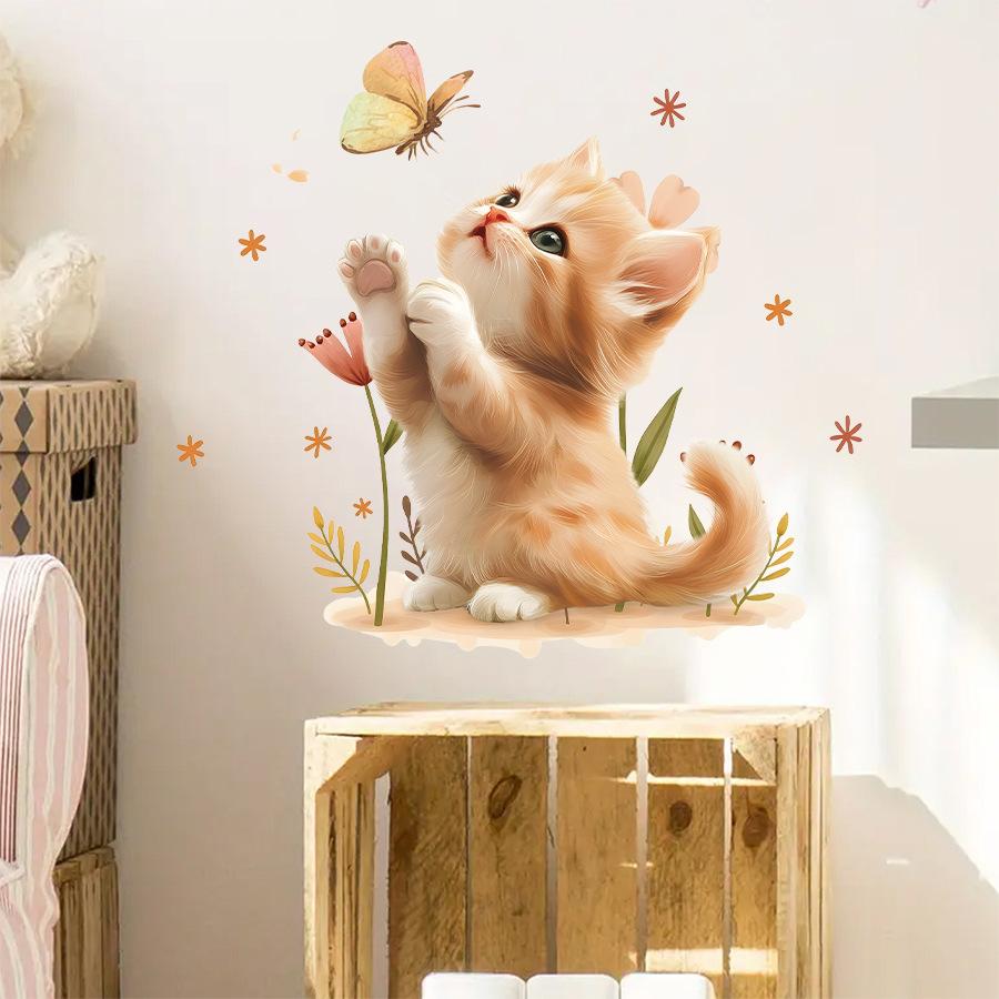 Adorable Orange Kitten with Butterfly Wall Stickers, Self-Adhesive Decor for Bedroom Living Room Home Background Decoration