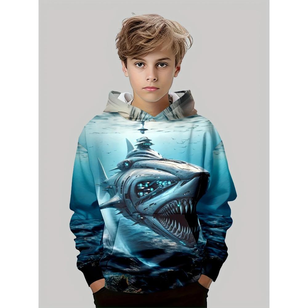 Children's Fishing Pattern 3D Digital Printing, Boys' Hip Hop Personality Hooded Sweatshirt