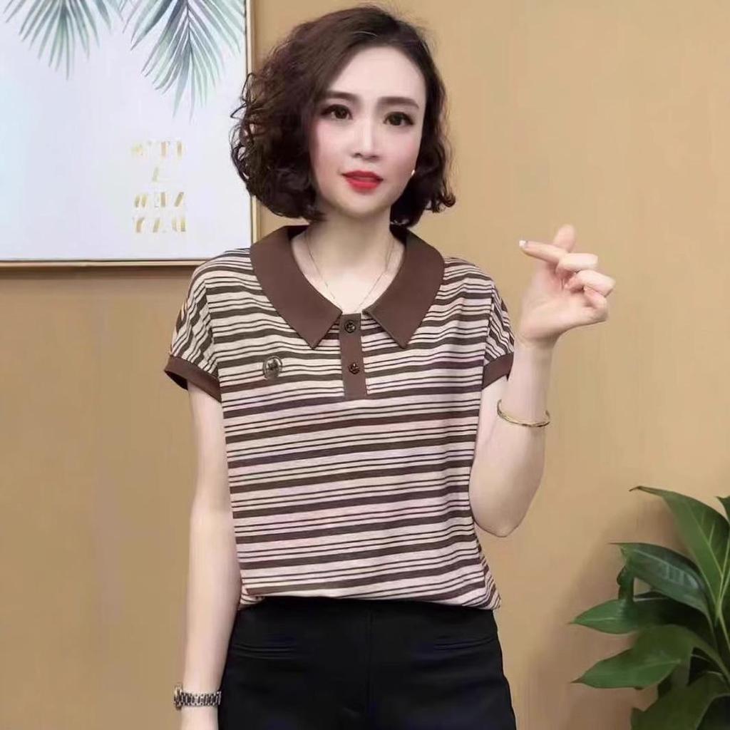 Sommer Besticktes Gestreiftes Peter Pan Kragen T-Shirt für Frauen mittleren Alters und ältere Frauen - Kurzarm