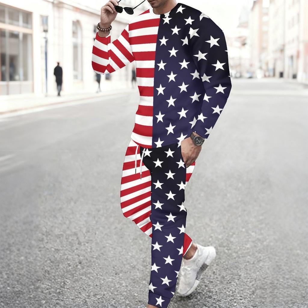 Men Star Gradient Print Round Neck Long Sleeve Top And Drawstring Jogger Pants Two Piece Casual Sport Outfit Set