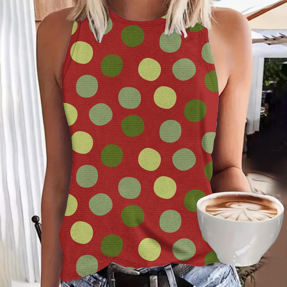 Women's 3D polka dot printed sleeveless T-shirt, round neck off shoulder retro casual vest, Y2K sleeveless top, T-shirt, women's clothing