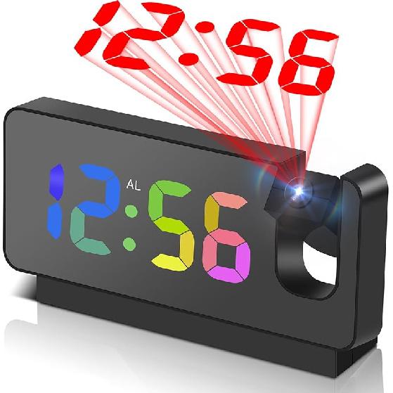 Проекционные будильники для спален, Цифровые LED часы с поворотным на 180° проектором на потолок/стену, Функция повтора сигнала, 12/24ч, 2 уровня яркости, Для помещений Blackcase+color Digit