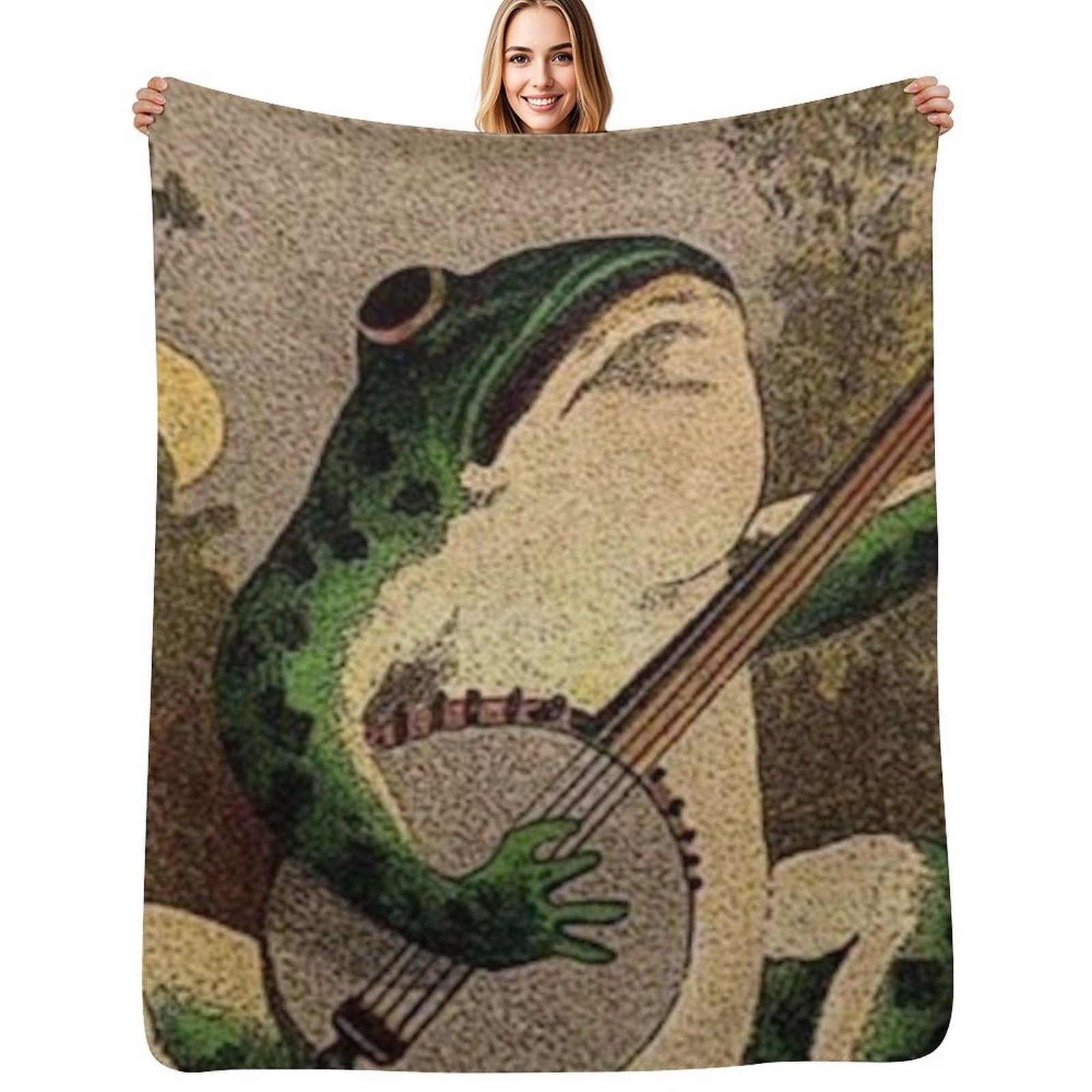 FROG WITH BANJO, VINTAGE ILLUSTRATION - ARTIST UNKNOWN Throw Blanket Cozy Home Blanket Gift for Christmas Holiday Size: 75*100cm, Weight: 230 GSM