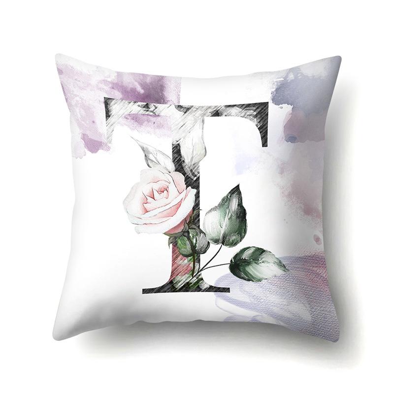 Polyester Pillowcase Home Watercolor Flower Print Pillowcase 26 English Letters Bedside Cushion Cover