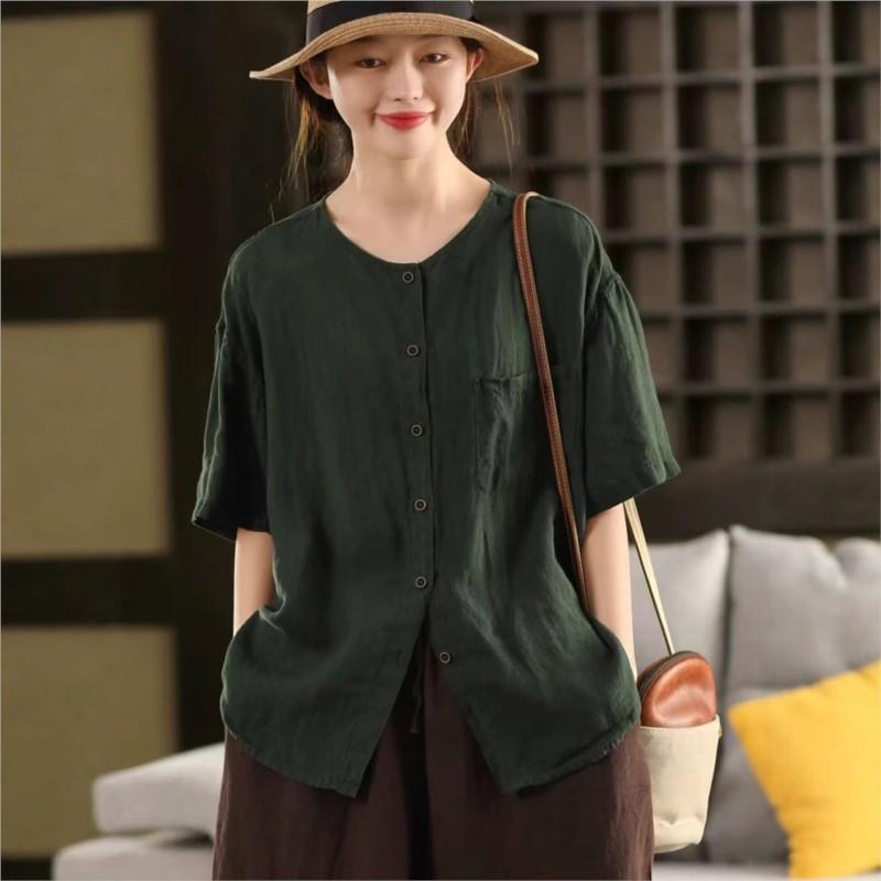 Johnature Women Vintage Solid Color Shirts O-Neck Half Sleeve Patchwork Pockets Summer Loose Casual Button Shirts