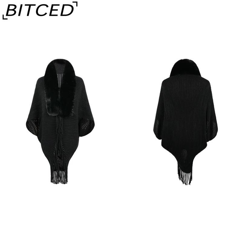 BITCED Autumn/Winter Fringe Shawl with Fur Collar – Women's Knitted Cape Coat