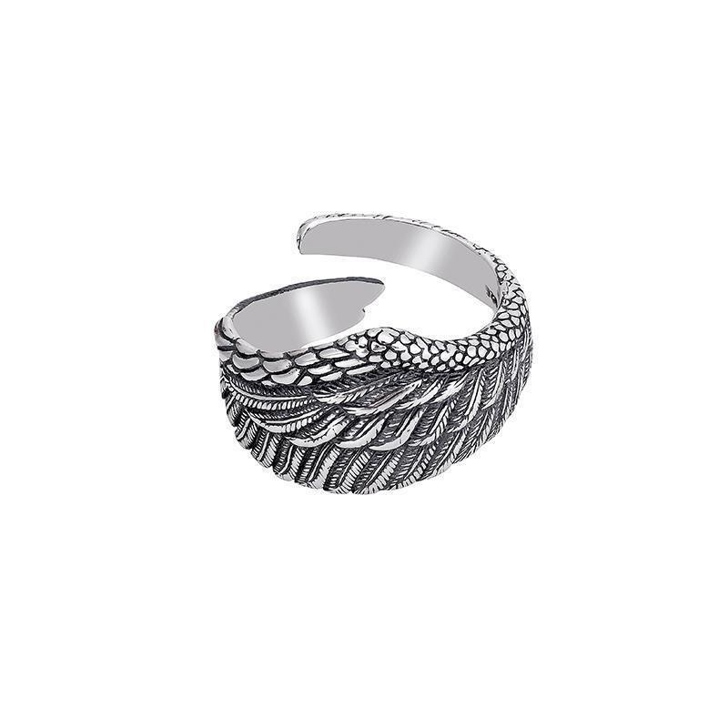 Adjustable Open Ring Men Women Sterling Feather Wing Design Retro Vintage Geometric Finger