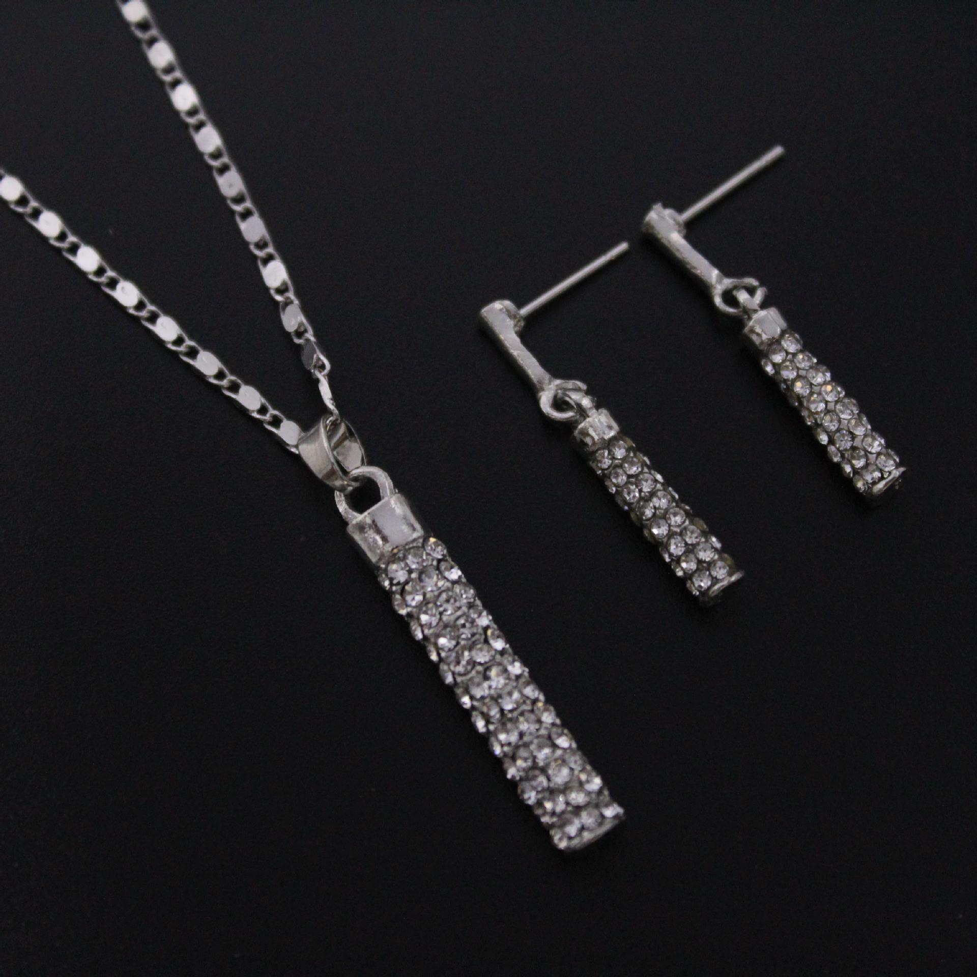 European  American Fashion Rhinestone Cylinder Earrings  Necklace Set - Wedding Jewelry