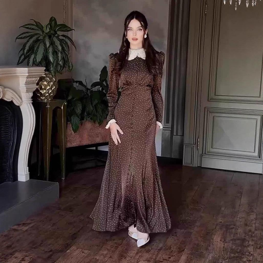 

2026 European-American Lapel Print Long Sleeve Slimming Bodycon Dress L кофейный