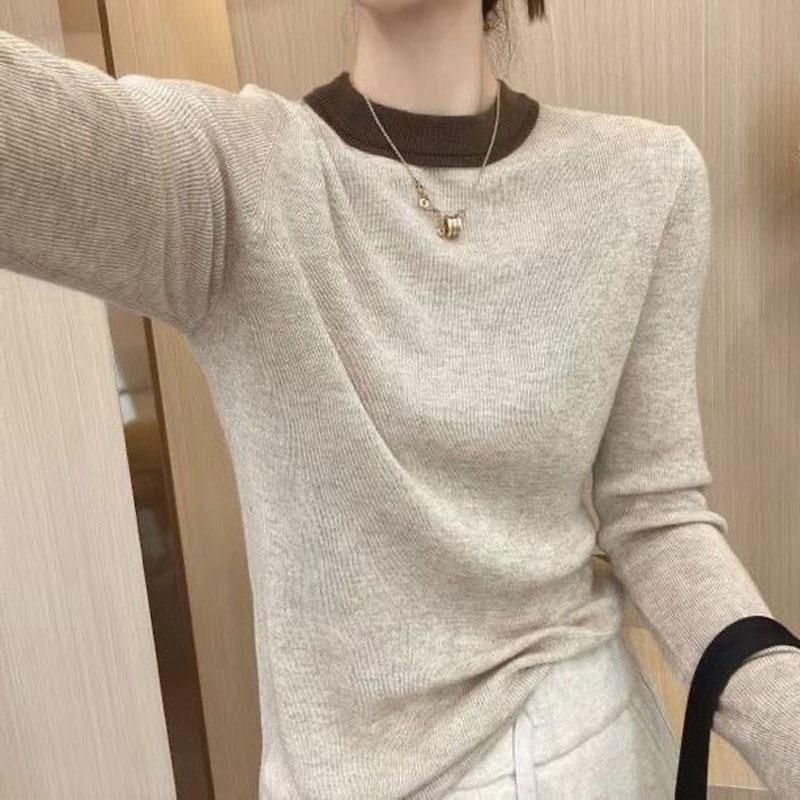 New Autumn Winter Fashion Korean Edition Contrast Round Neck Bottom Sweater Loose and Versatile Western Women's Knitted Top