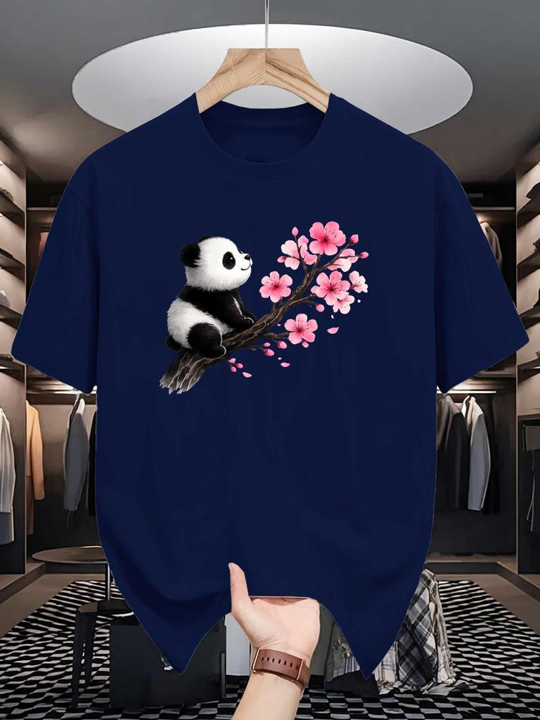 Unisex Crew Neck Tee Lovely Panda Pink Cherry Blossom Art Print Soft Cotton Loose Short Sleeve Summer Casual Male Streetwear Tops