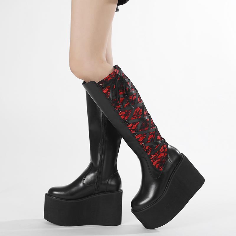 Gdgydh Damen Retro Blumen Schnürstiefel Kniehoch Winterstiefel mit Dickem Keilabsatz Seitenreißverschluss Cowgirl Stiefel Semi-formelles Schuhwerk