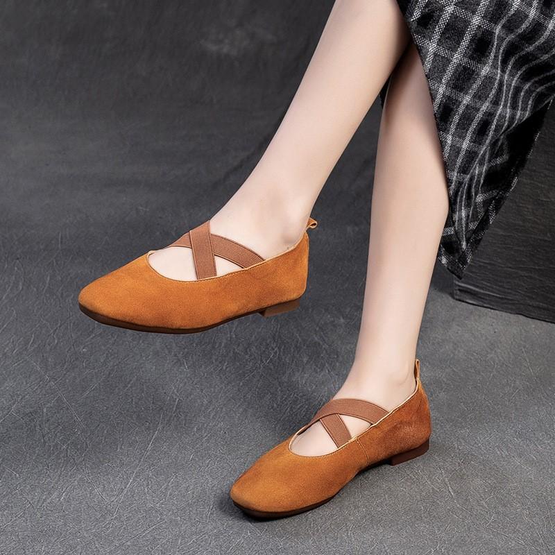 Johnature Cross Strap Square Toe Solid Color Flat Casual Comfortable Soft Sole Women's Slip-on Shoes