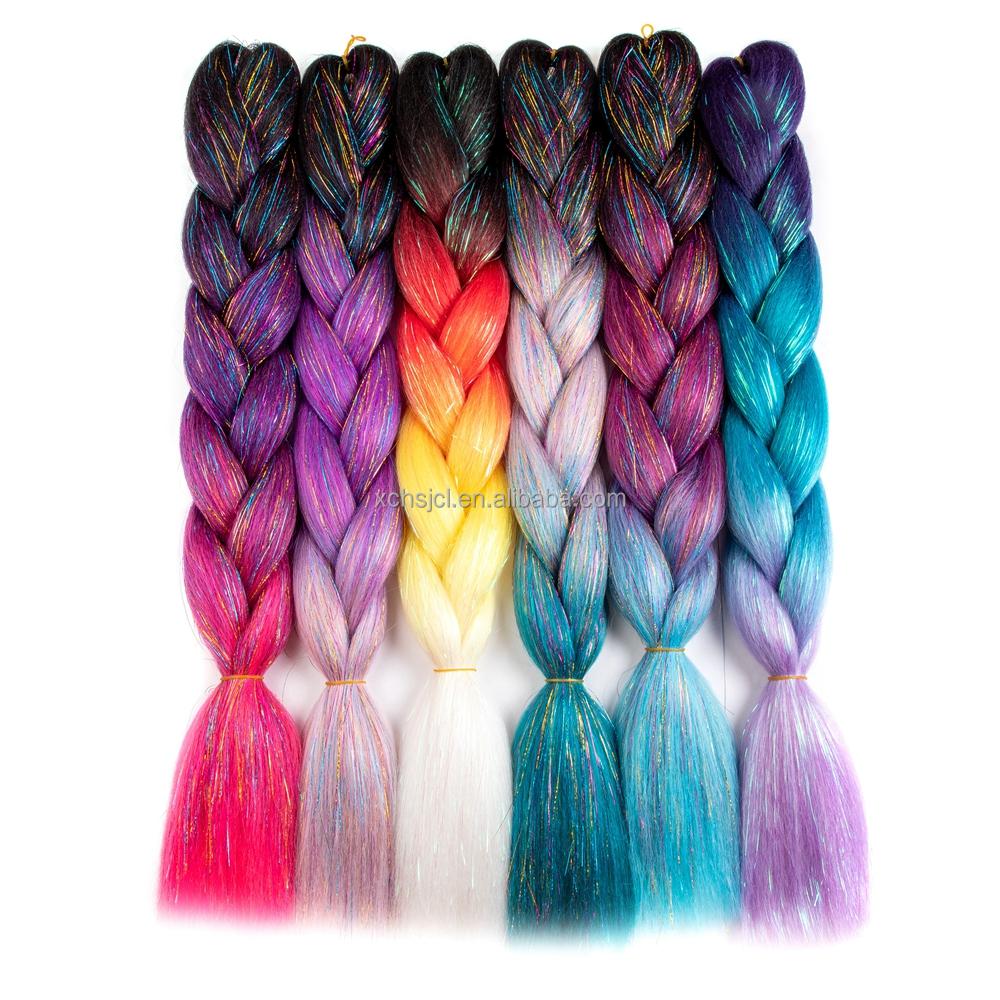 Customized Soft Heat Resistant Fiber Festival Ombre Pure 2 3 4 5 Tone Color Tinsel Glitter Jumbo Braiids