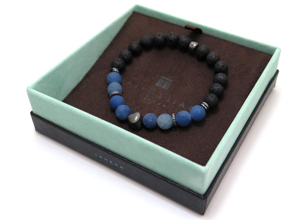 Beaded Silver Nugget Black Rhodium Bracelet Blue Brand Stone Beads [Tateossian] (Frosted Aventurine) Men's