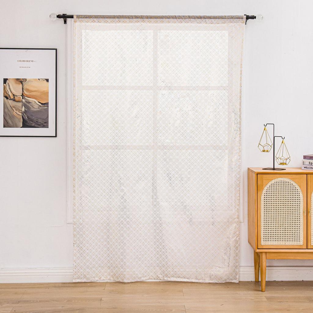 Living Room Sheer Curtain – European Embossed Pattern, Gold Foil, Semi-Blackout, Rod Pocket Window Drape, 1 Panel