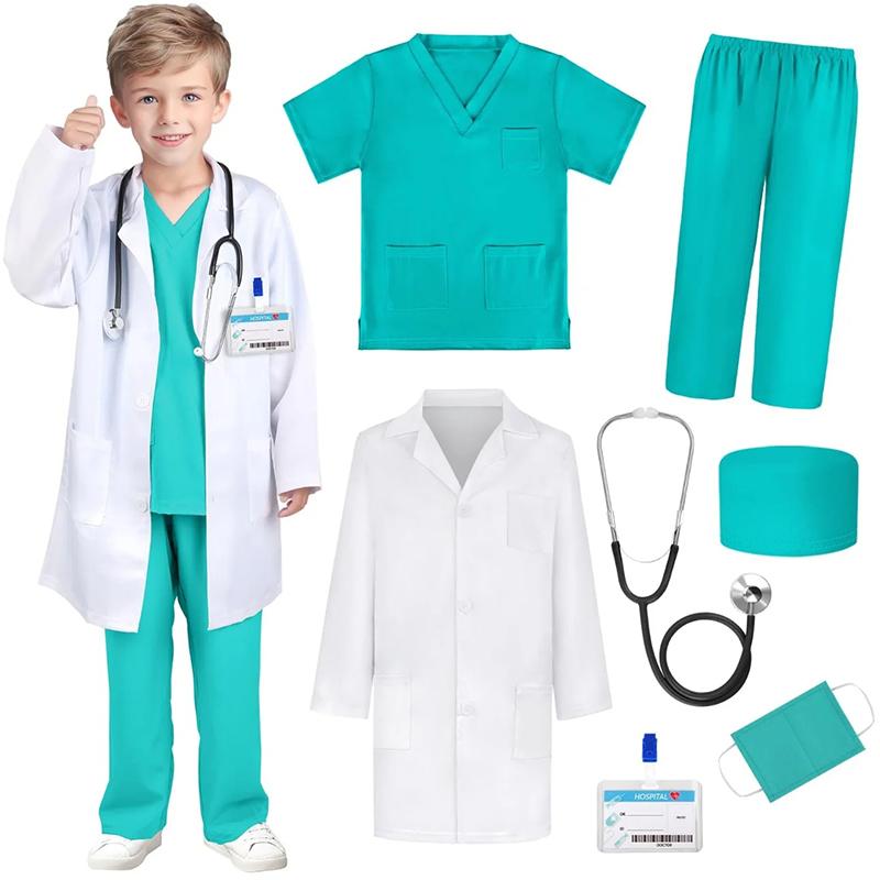 9pz Uniformi da Infermiere per Bambini e Bambine Camici Chirurgici Bianchi da Medico con Stetoscopio Costume per Festa di Carnevale dei Bambini