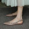 Naked Gray One-word Buckle Rivet Sandals 2025 Spring New Pointed Flat-soled Single Shoes Bag Head Buckle Women's Shoes Ins