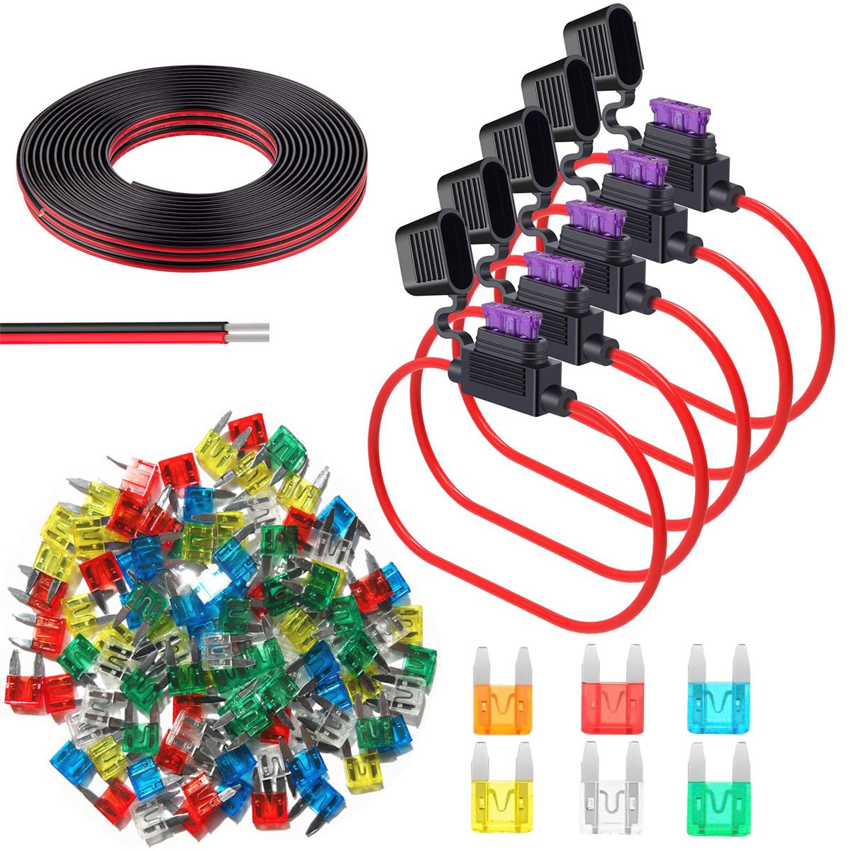 

5 упаковок, держатель предохранителя 16 AWG, линейные автомобильные ножи ATC/ATO с 60 шт. мини-автомобильными предохранителями 5A, 10A, 15A, 20A, 25A, 30A и 3,2 фута, 2-контактный электрический провод Small Set