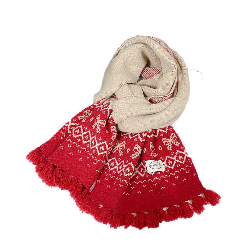 Imitation cashmere red bow scarf women's knitted autumn and winter Korean high-end feeling warm and thickened versatile scarf tide