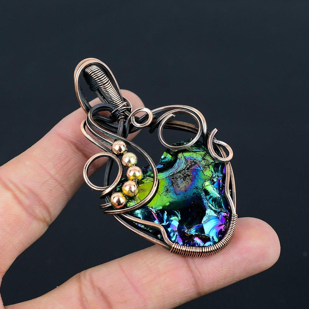 Peacock Aura Druzy Gemstone Handmade Pure Copper Wire Wrap Jewelry Pendant For Women