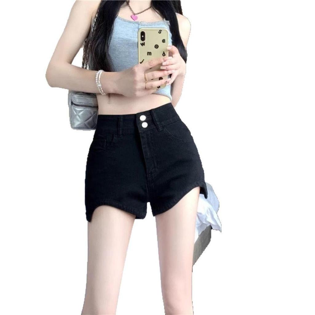 Women's High-Waist Black Double Buckle Denim Shorts - A-Line Petite Summer 2025 Trend