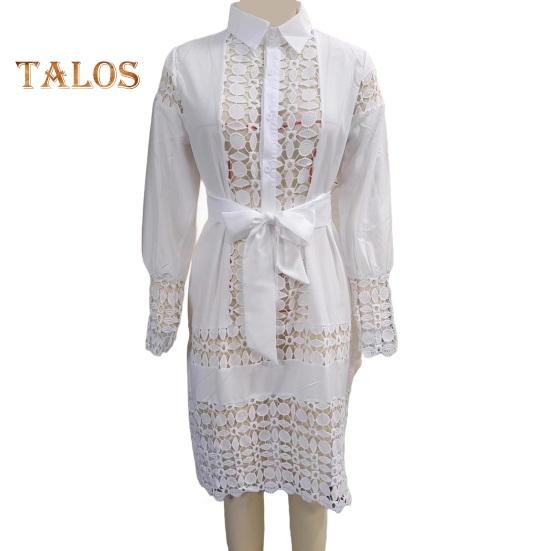 Dámské košilové šaty s klopou, dlouhým rukávem, designem s dutým krajkovým prošíváním, mini šaty se šněrováním, jednobarevné, ležérní letní šaty