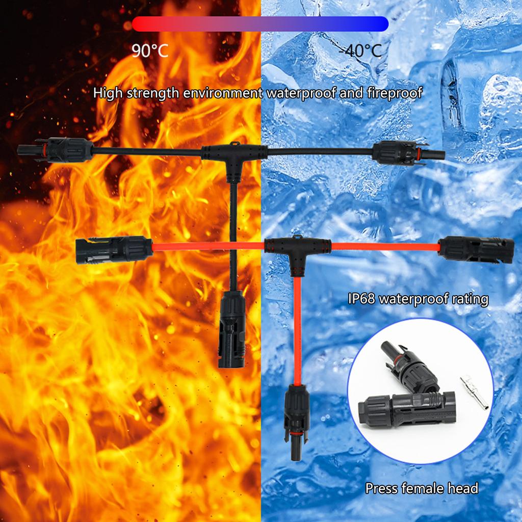 Solar Panel T Branch Connectors 30A 1000V Dual Photovoltaic Wire Splitter 6mm2 Extension Cable Pair for Energy Systems