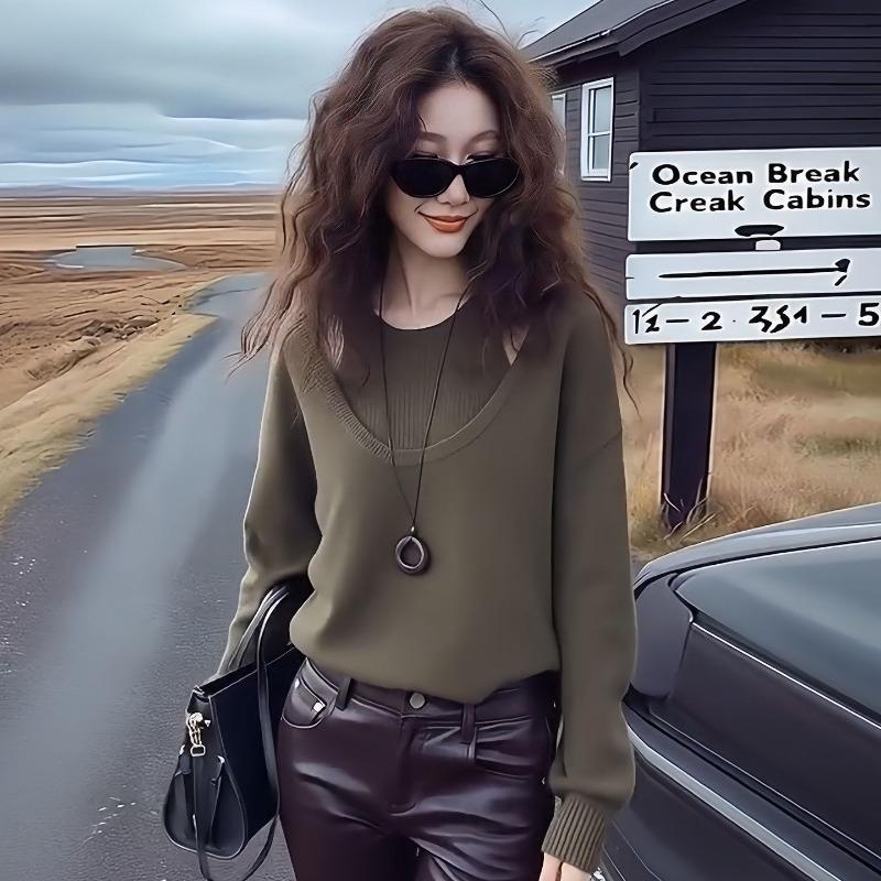 Korean Style Lazy Style Fake Two-piece Sweater Women's Autumn and Winter Casual Inner Top